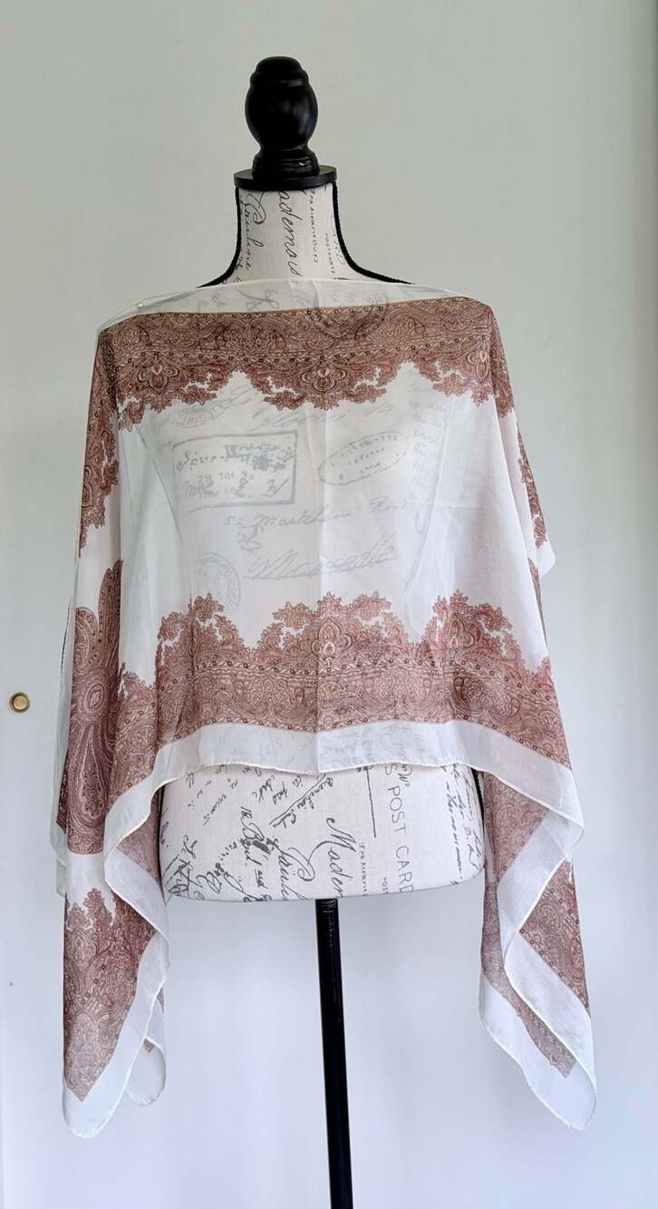 Zhen Qing Lightweight Chiffon Paisley Print Shawl with Pearl Button Detail